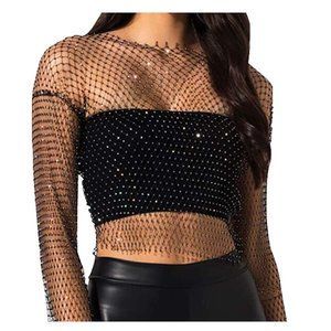 NWOT Mesh Body Chains Crystal Long Sleeve Fishnet Crop Tops Rhinestone